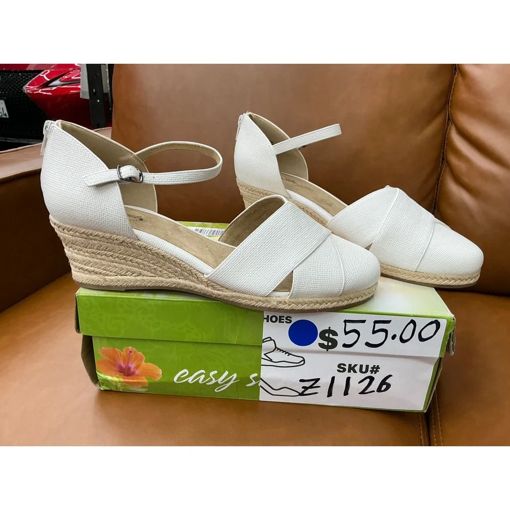 Easy Street Coast Wedge Espadrilles Womens 12W White  Linen Embossed